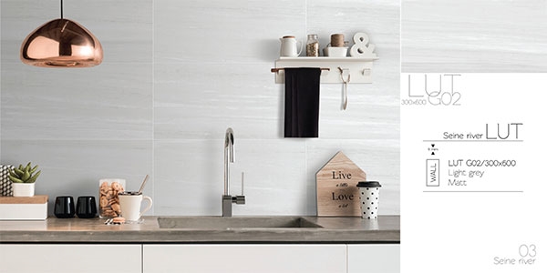 Mẫu gạch Eurotitle LUT G02 xám sáng được sử dụng làm gạch ốp tường phòng bếp, phòng tắm
