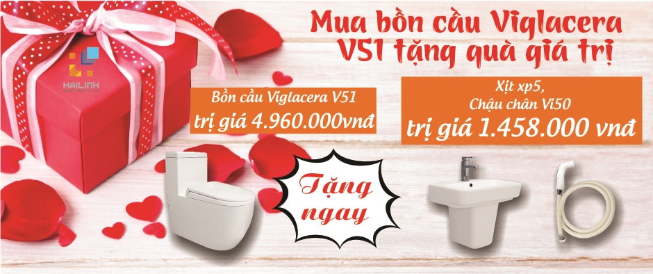  Mua bồn cầu Viglacera V51 giá 4,960,000 đ, tặng chậu chân Vi50, xịt XP5 trị giá 1,458,000 đ