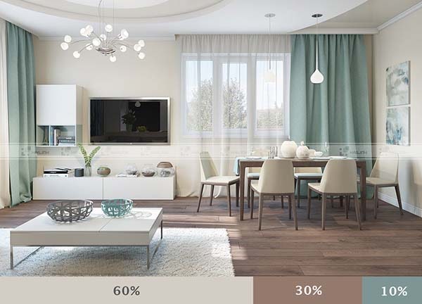 Sơn tường màu be nhạt kết hợp với gạch lát nền vân gỗ cùng một số điểm nhấn màu xanh bạc hà tạo vẻ đẹp thanh lịch, hiện đại