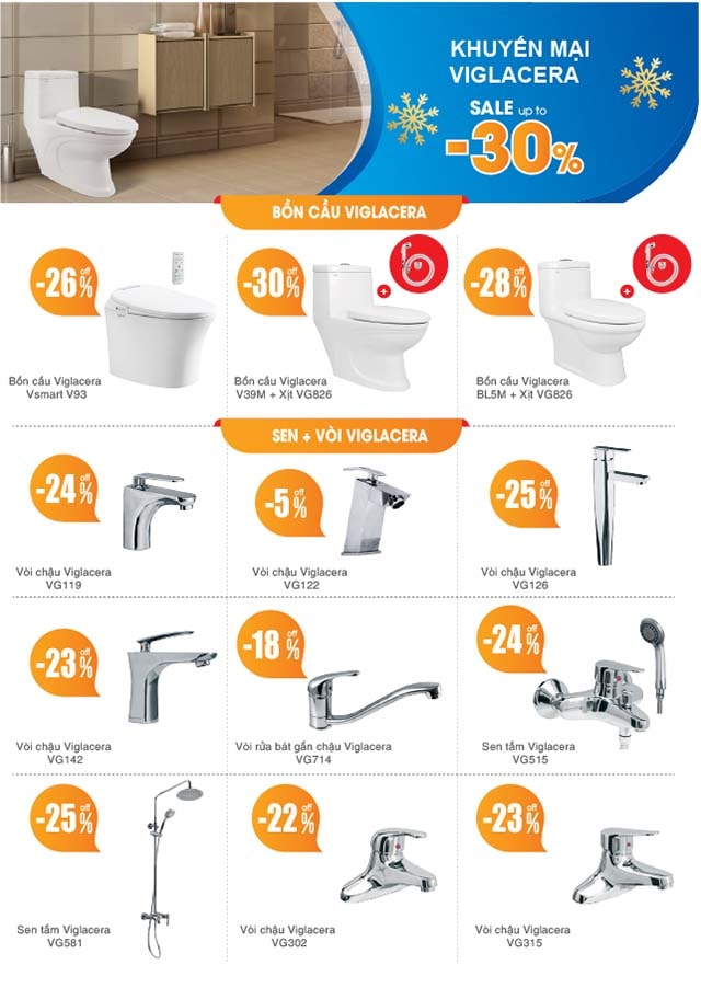 Giảm tới 30% khi mua thiết bị vệ sinh Viglacera
