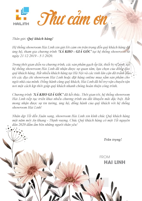 Thư cảm ơn! Chương trình “xả kho - giá gốc”